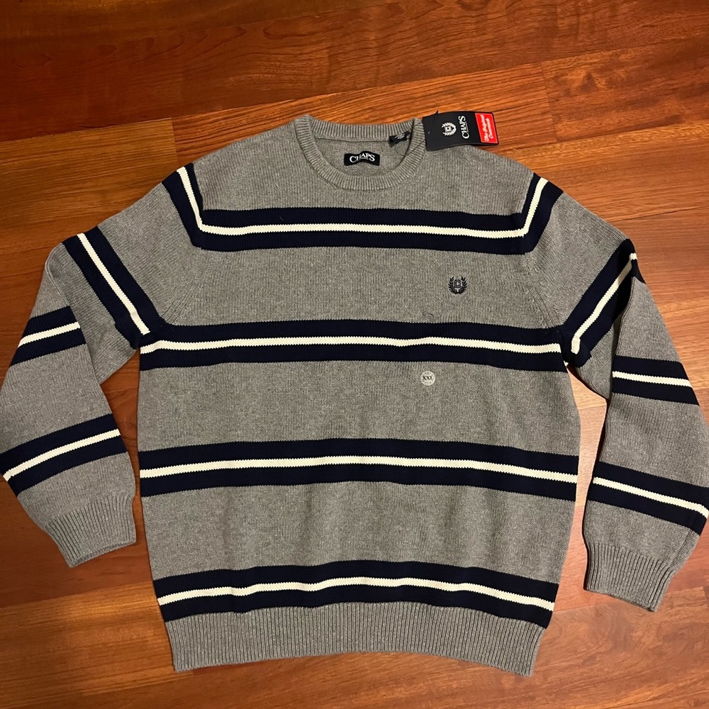 Chaps Gray and Navy Striped Crewneck Sweater Mens XXL
